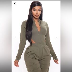 Fashion Nova  Olive Long Sleeve Bodysuit Jogger Set